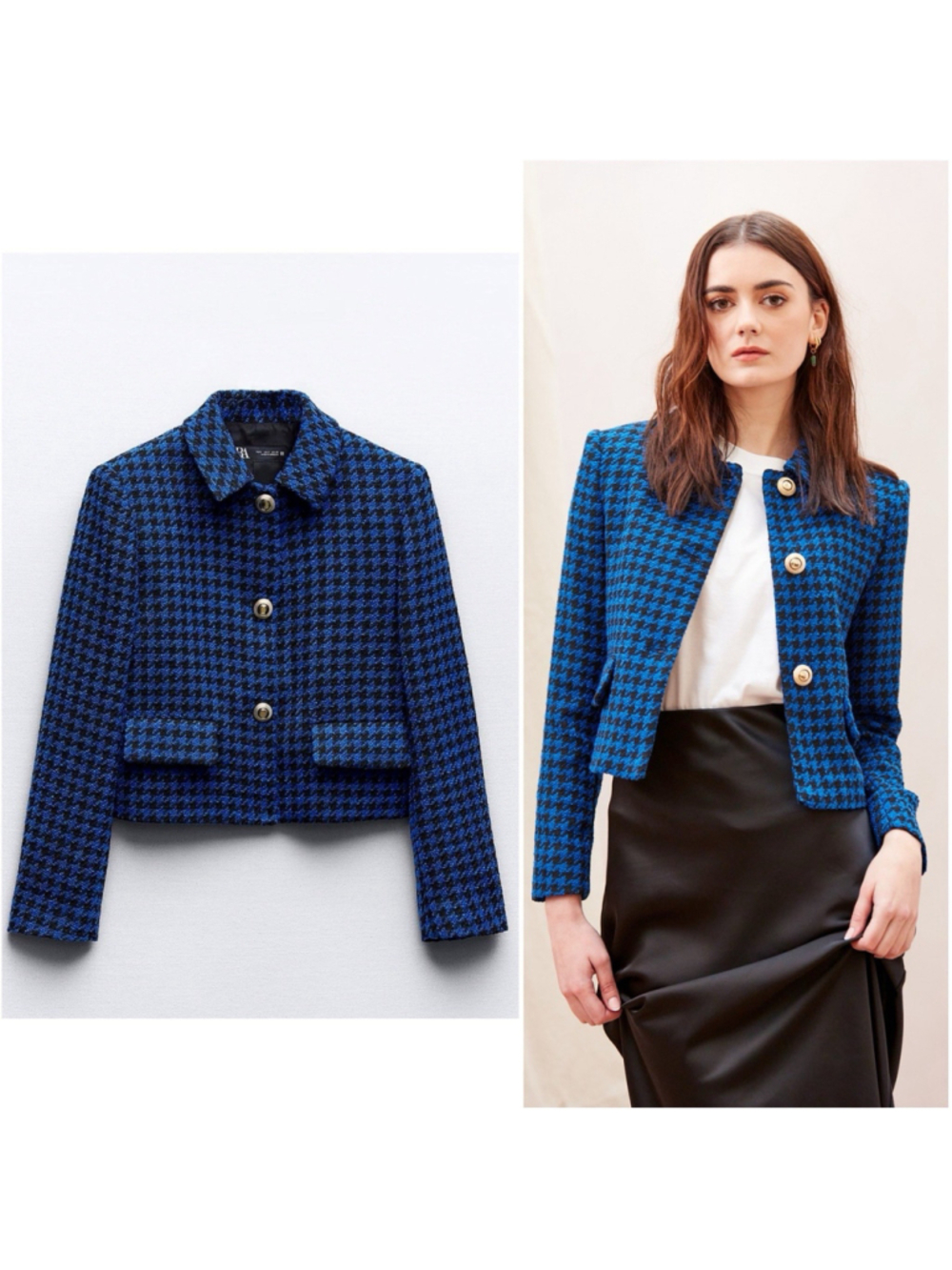 Zara Cropped Houndstooth Blazer Jacket Blue Black Gold Button Preppy Size S